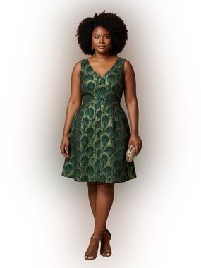 NWT J.Crew green and gold peacock jacquard sleeveless party brocade dress SZ 14